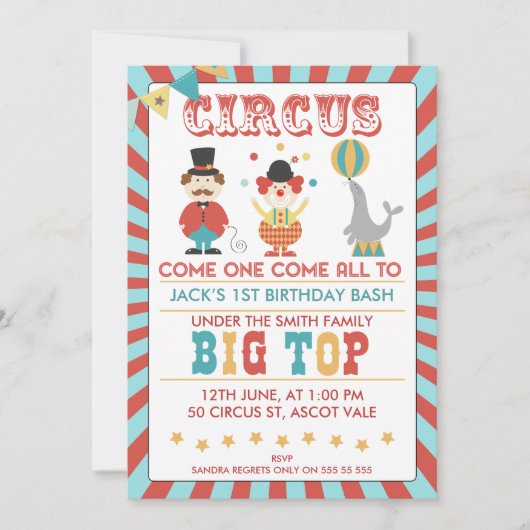 Boys Circus Anniversaire Fête Invitation (Devant)