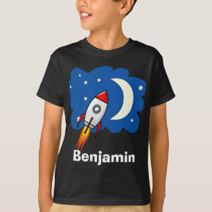 Boys Colorful Rocket Ship Space Galaxy en naam T-shirt