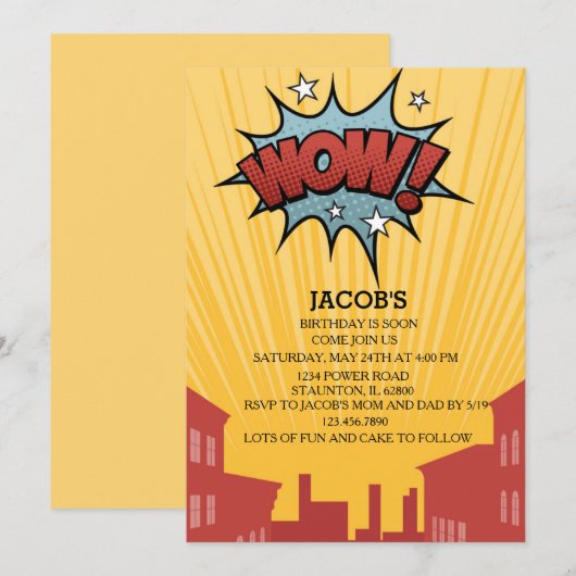 Boys Comic Book Invitation Anniversaire. (Devant / Derrière)