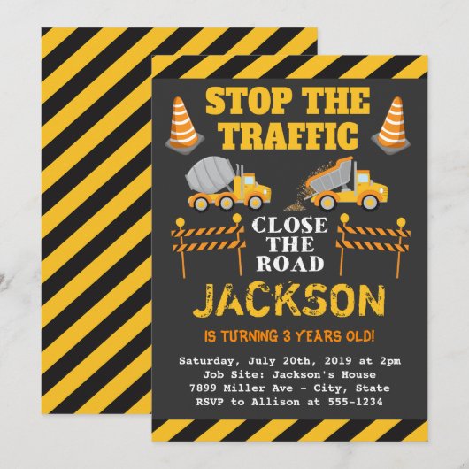 Boys Construction Birthday Party Invitation Kaart (Voorkant / Achterkant)