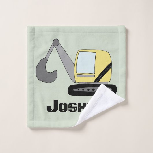 Boys Construction Digger Excavator and Name Kinder Bad Handdoek (Wasdoekje)