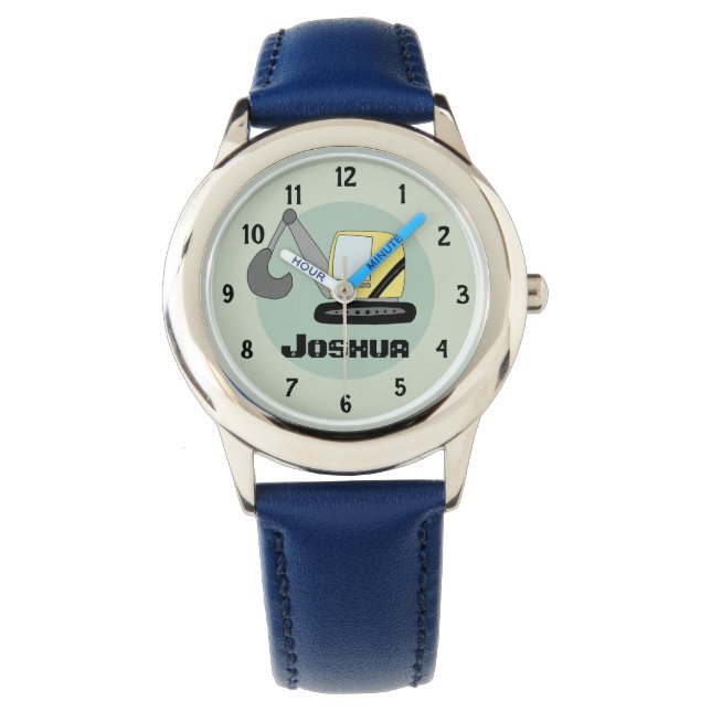 Boys Construction Digger Excavator and Name Kinder Horloge (Voorkant)