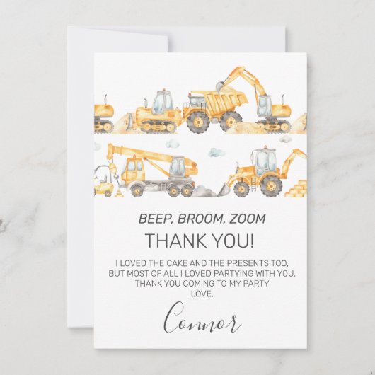 Boys Construction Véhicules Carte de remerciements (Devant)