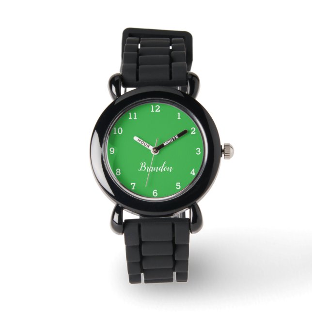 Boys Cool Modern Green Stijlvolle Custom Name Kind Horloge (Voorkant)