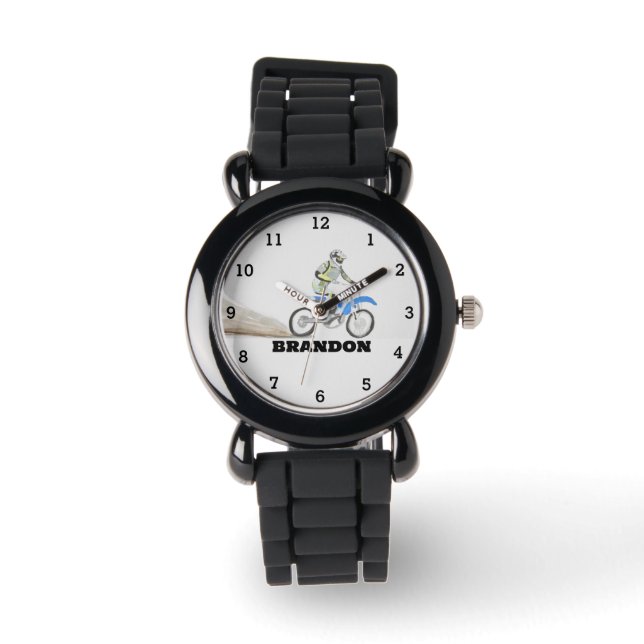 Boys Cool Motorcycle Black Custom Name Kinder Horloge (Voorkant)