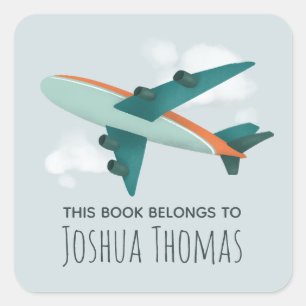 Boys Cute Airplane Travel Kinder School Bookplate Vierkante Sticker