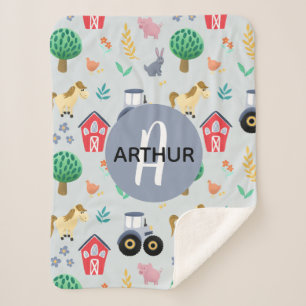 Boys Cute Blue Boerderij Animal Tractor Pattern Ki Sherpa Deken