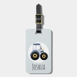 Boys Cute Blue Boerderij Tractor Cartoon en naam K Bagagelabel