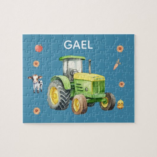 Boys Cute Blue Boerderij Tractor en Name Kinder Legpuzzel (Horizontaal)