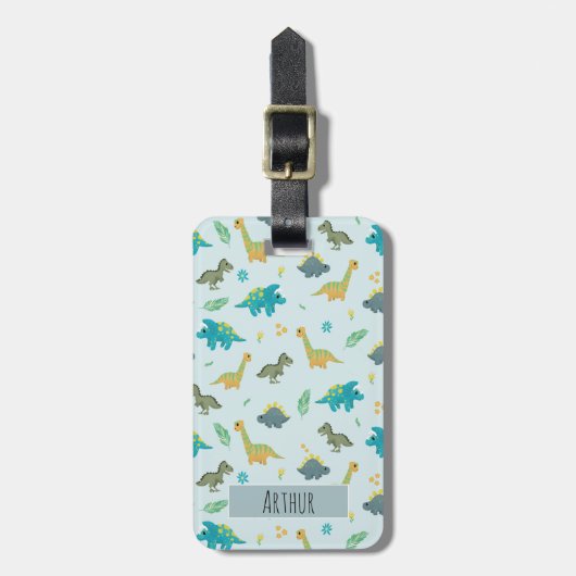 Boys Cute Blue Dinosaur Pattern Name Kinder Bagagelabel (Voorkant verticaal)