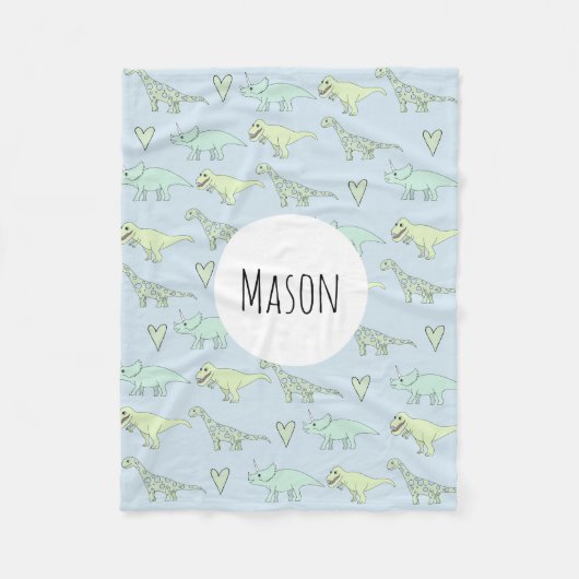 Boys Cute Blue Dinosaur Pattern & Name Kinder Fleece Deken (Voorkant)