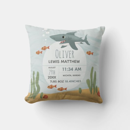 Boys Cute Blue Shark Keepomwille Birth Stats Kussen (Voorkant)