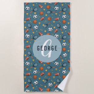 Boys Cute Blue Sports Monogram Kinder Strandlaken