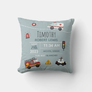 Boys Cute Blue Transport Birth Stats & Name Kussen