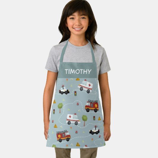 Boys Cute Blue Transport Pattern Kinder Schort (Insitu)