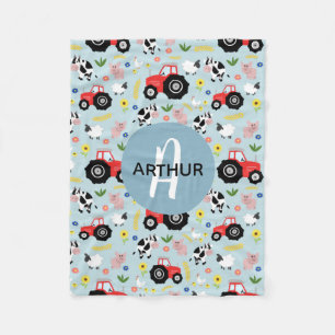 Boys Cute Boerderij Animal Tractor Pattern & Name Fleece Deken