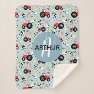 Boys Cute Boerderij Animal Tractor Pattern & Name Sherpa Deken