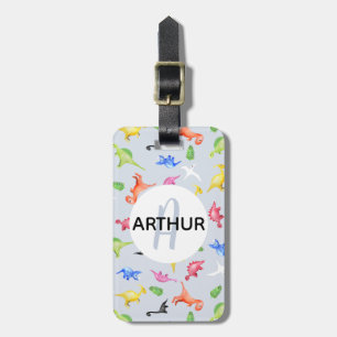Boys Cute Dinosaur Pattern Monogram Name Kinder Bagagelabel