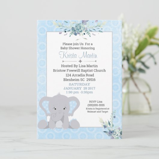 Boys Cute Elephant Floral Baby shower Kaart (Staand voorkant)