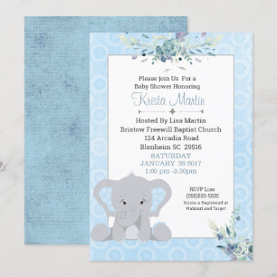 Boys Cute Elephant Floral Baby shower Kaart
