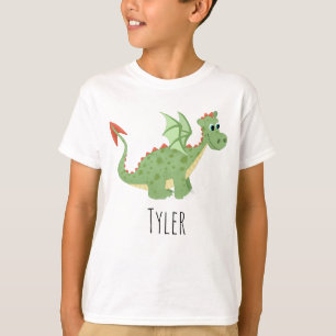 Boys Cute en Magical Green Dragon Cartoon & Name T-shirt