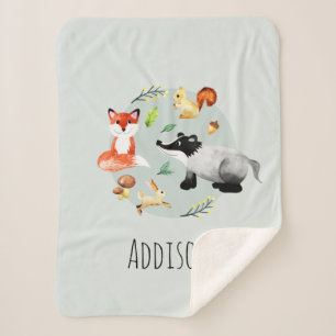 Boys Cute Forest Animals Badger & Fox Name Kinder Sherpa Deken