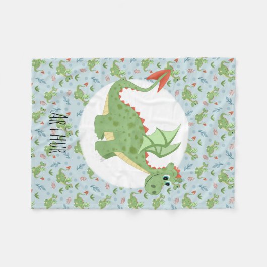 Boys Cute Green Dragon Pattern & Name Kinder Small Fleece Deken (Voorkant (Horizontaal))