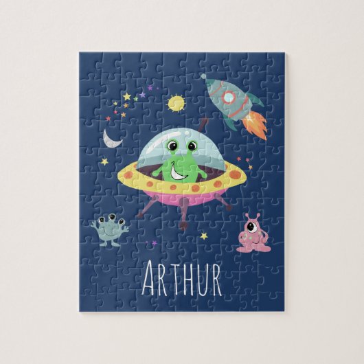Boys Cute Modern Space Alien Cartoon & Name Kinder Legpuzzel (Verticaal)