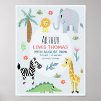 Boys Cute Safari Animals Birth Stats Baby Nursery