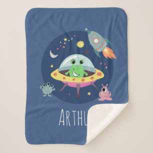 Boys Cute Space Alien Cartoon Rocket & Name Kinder Sherpa Deken