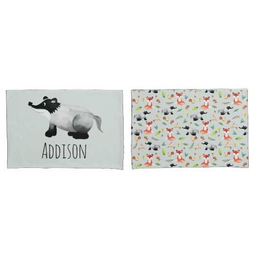 Boys Cute Woodland Forest Animals Badger Name Kind Kussensloop (Voorkant-Set)