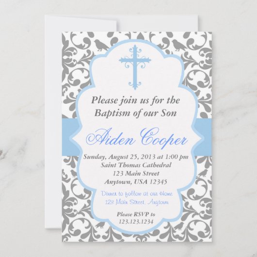 Boys Damask Baptism Invitation Kaart (Voorkant)