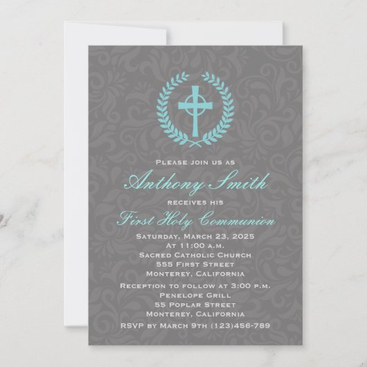 Boy's Damask First Comunion Invitation avec Cross (Devant)