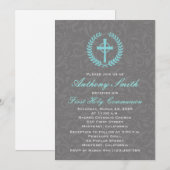 Boy's Damask First Comunion Invitation avec Cross (Devant / Derrière)