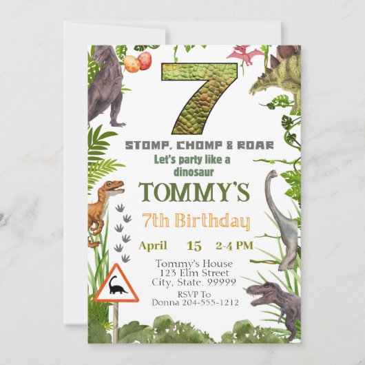 Boys Dinosaur 7e anniversaire fêté Invitation (Devant)