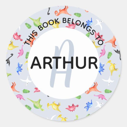 Boys Dinosaur Monogram en Name Bookplate Ronde Sticker (Voorkant)