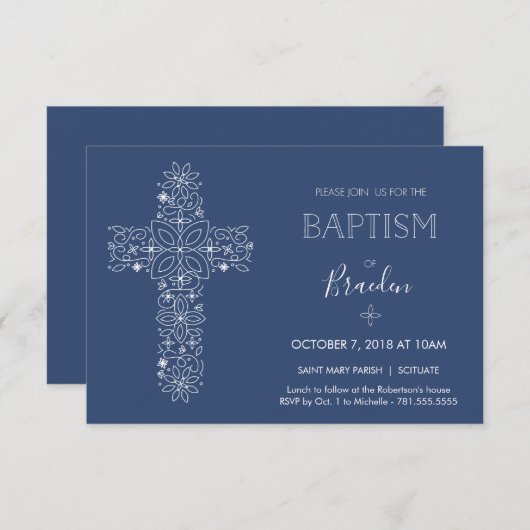 Boys Fancy Baptism Invitation avec Croix (Devant / Derrière)