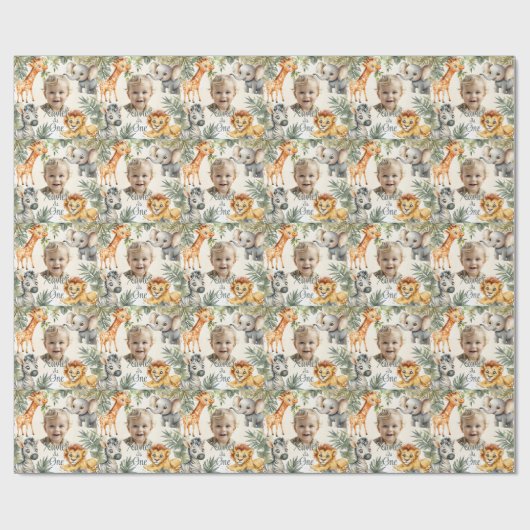 Boy's First Birthday-Oerwoud Safari Wrapping Paper Cadeaupapier (Vlak)