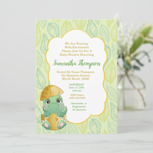 Boys Green Dinosaur Baby shower Oeuf Invitation (Debout devant)