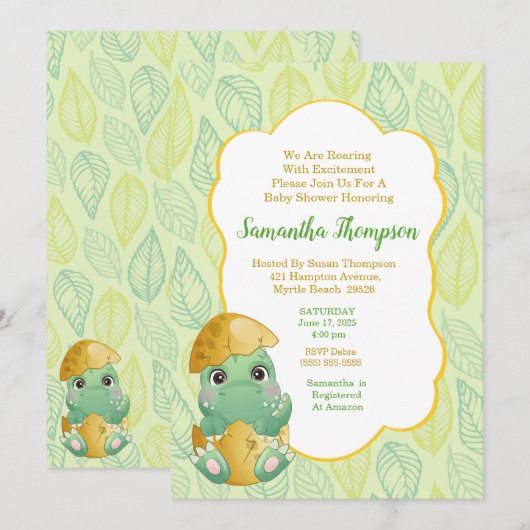 Boys Green Dinosaur Egg Baby shower Invitation Kaart (Voorkant / Achterkant)