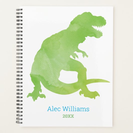 Boys Green Dinosaur Waterverf T-Rex Kinder Planner (Voorkant)