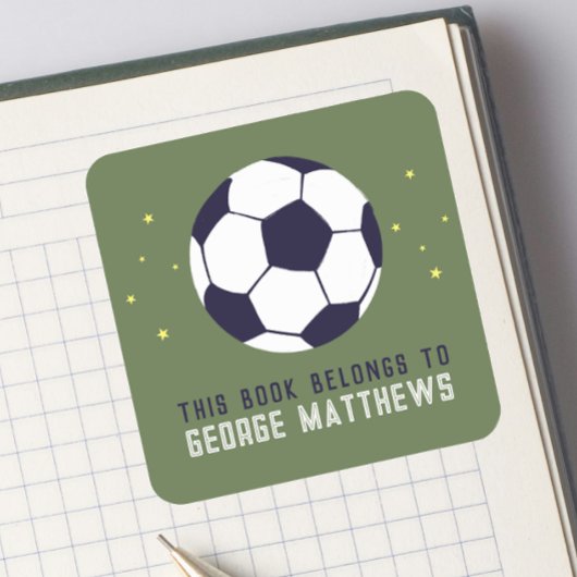 Boys Green Soccer Sporty Kids Bookplate Vierkante Sticker