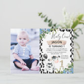 Boys Heilige Koe en Koe Afdrukfoto 1e verjaardag Kaart (Staand voorkant)