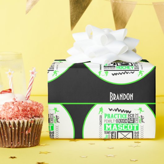 Boys Hockey Terminology Personalized Neon Green Cadeaupapier (Verjaardagsfeest)
