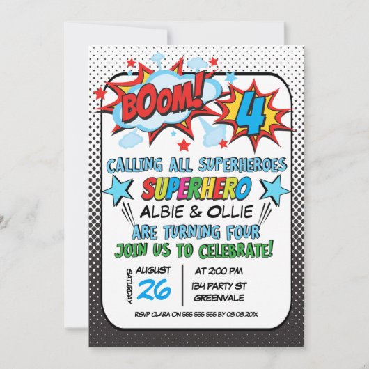 Boys Joint Superhero 4th Birthday Invitation (Devant)