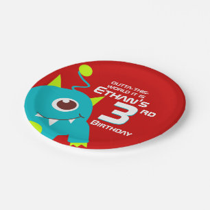 Boys kleurrijke buitenaardse 3e verjaardag aangepa papieren bordje