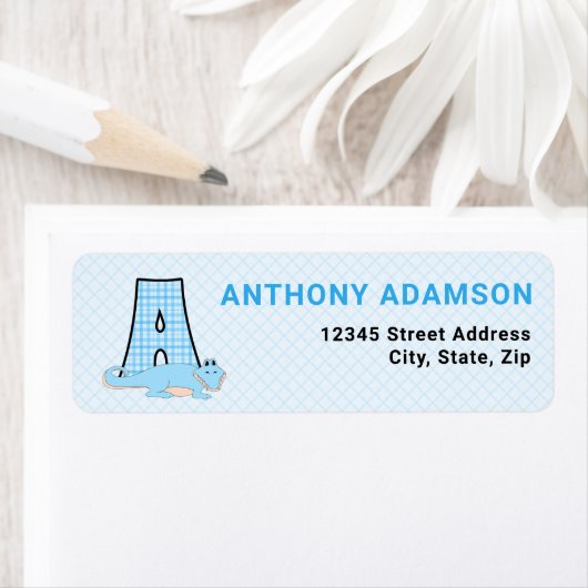 Boys Letter A Blue Gingham Checker and Alligator Etiket (Insitu)