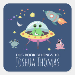 Boys Library Cute Space Alien Name Kinder Bookplat Vierkante Sticker