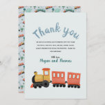 Boys mignonne train Voyage Merci<br><div class="desc">Ce baby shower garçon mignon et tendance ou design de 1er anniversaire carte de remerciements dispose d'un train, avec un motif assorti sur le dos avec des illustrations de voyage en train, avec de la verdure et des pistes. Le carte de remerciements peut être personnalisé avec le nom du parent...</div>