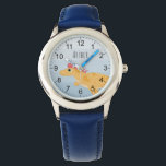 Boys mignons Dinosaure & Nom Blue Kids<br><div class="desc">Cette jolie et moderne montre enfants bleus présente un adorable dessin animé de dinosaures, et peut être personnalisée avec votre nom de garçon. Avec des chiffres clairs et faciles à lire, cette "première" montre est idéale pour les enfants ou les tout-petits qui commencent à apprendre l'heure. Le design parfait pour...</div>